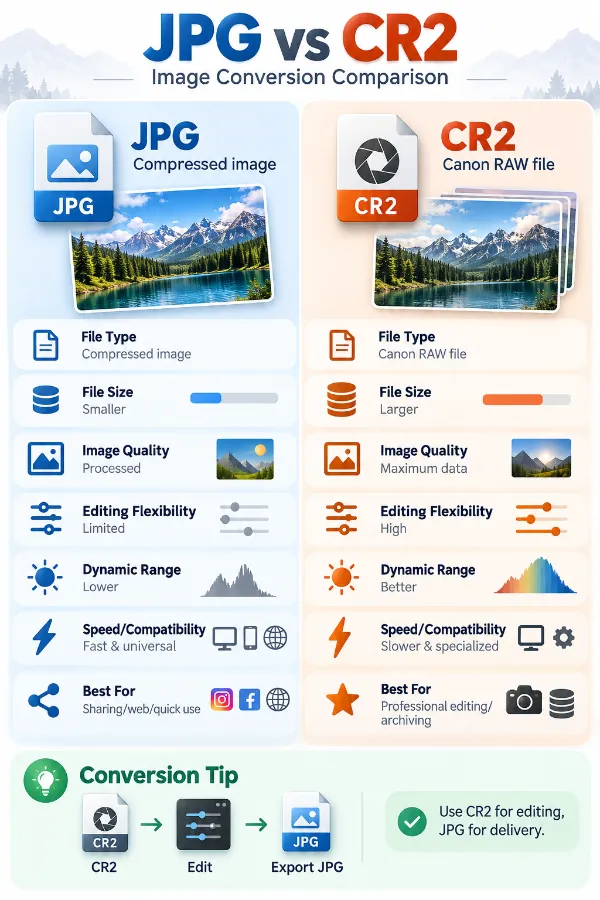 JPG and CR2 formats compared for image conversion