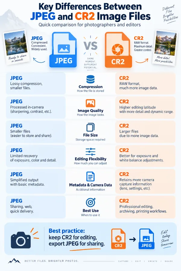 Key differences between JPEG and CR2 image files