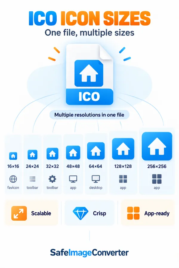 Different icon sizes contained in an ICO file