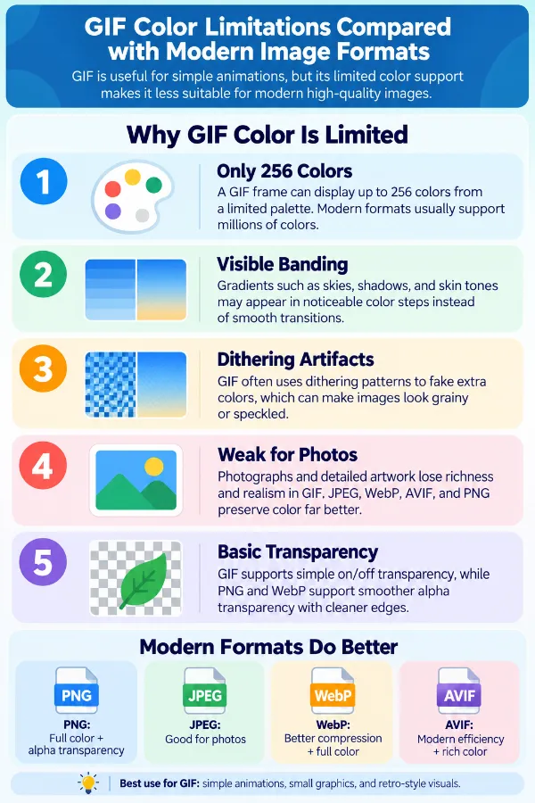 GIF color limitations compared with modern image formats