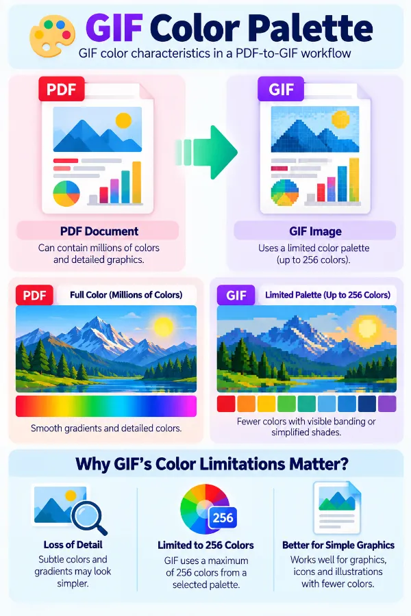 GIF color characteristics shown in a PDF-to-GIF workflow